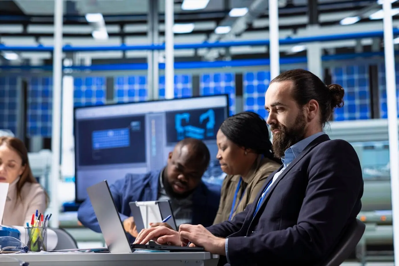 Мужчина использует ноутбук для написания отчёта с данными по исследованиям и разработкам завода.